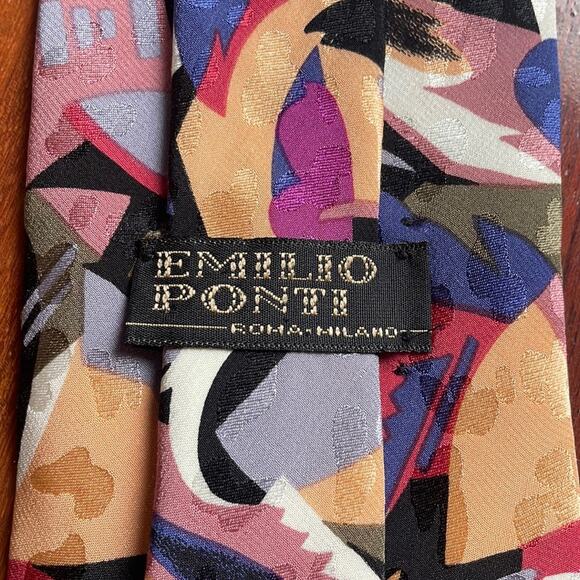 Emilio Ponti Imported Silk Abstract Art Tie 60”x3.625” Colorful Picasso Inspired - Picture 4 of 6
